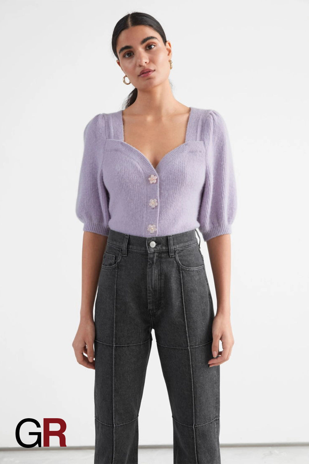 Regal Swan Neck Floral Buckle Puff Sleeve Knitted Purple Cardigan - GlamoROZ