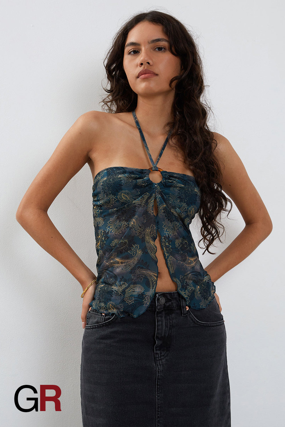 Floral Charm Mesh Halter Top - GlamoROZ