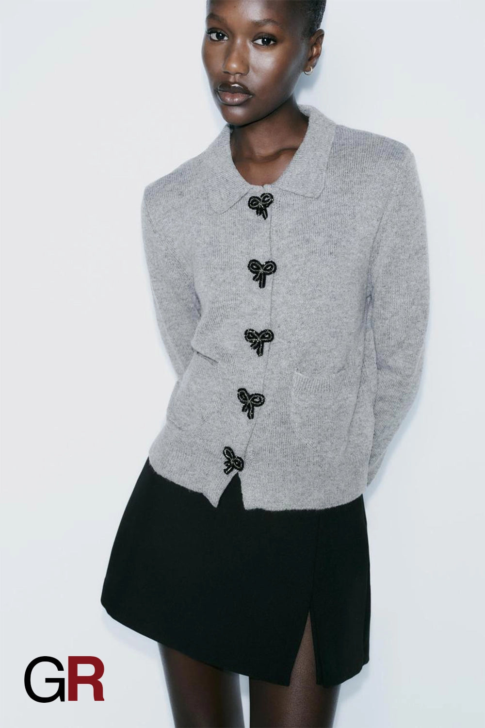 Elegant Bow-Detail Button-Up Polo Cardigan - GlamoROZ