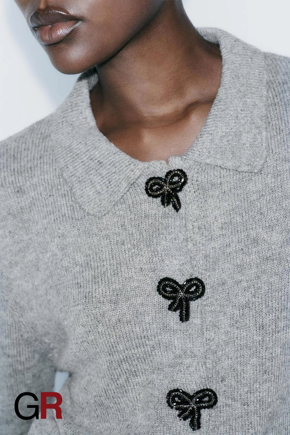 Elegant Bow-Detail Button-Up Polo Cardigan - GlamoROZ