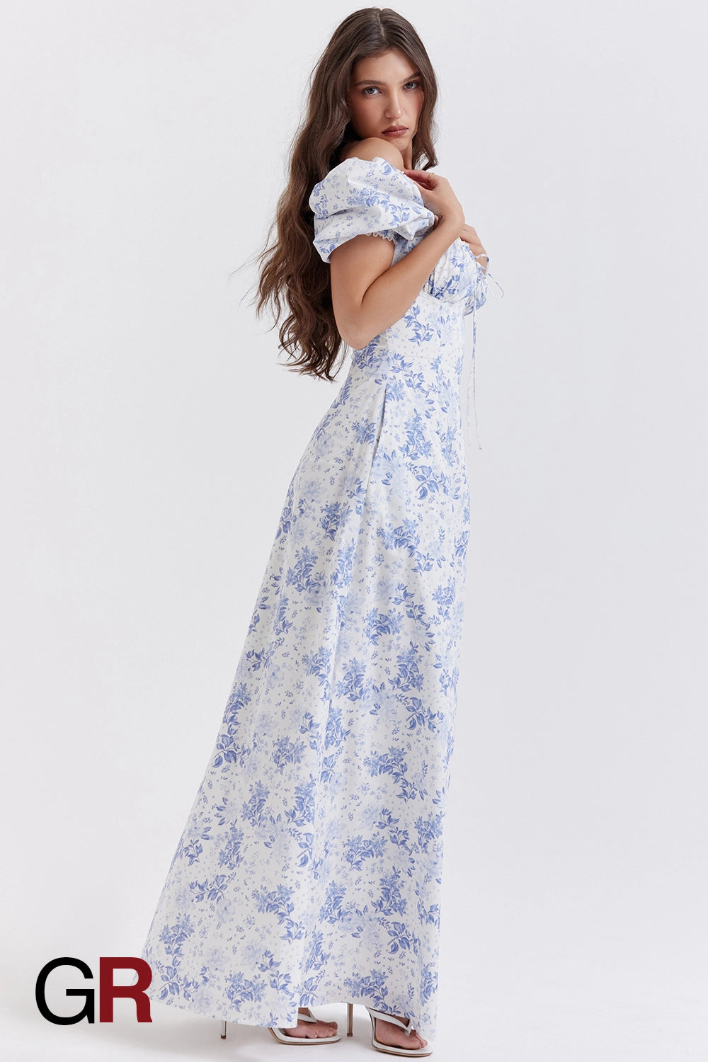 Printed Bubble Sleeve Zipper Blue Dress - GlamoROZ