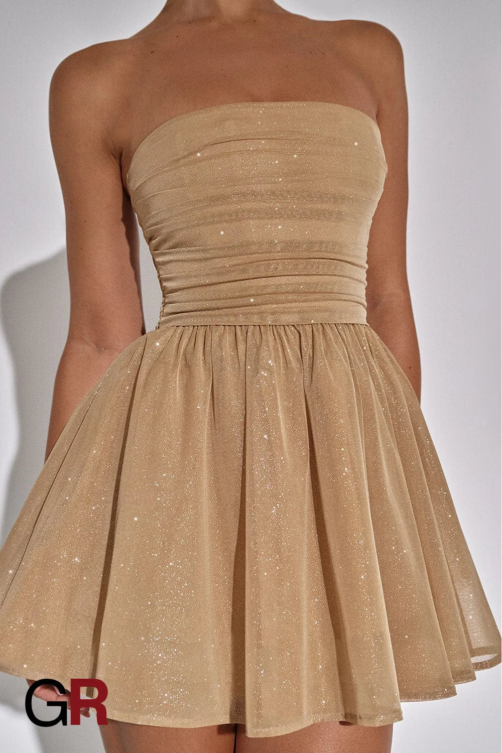 Beige Lace Tube Dress with Bow-Back Detail - GlamoROZ