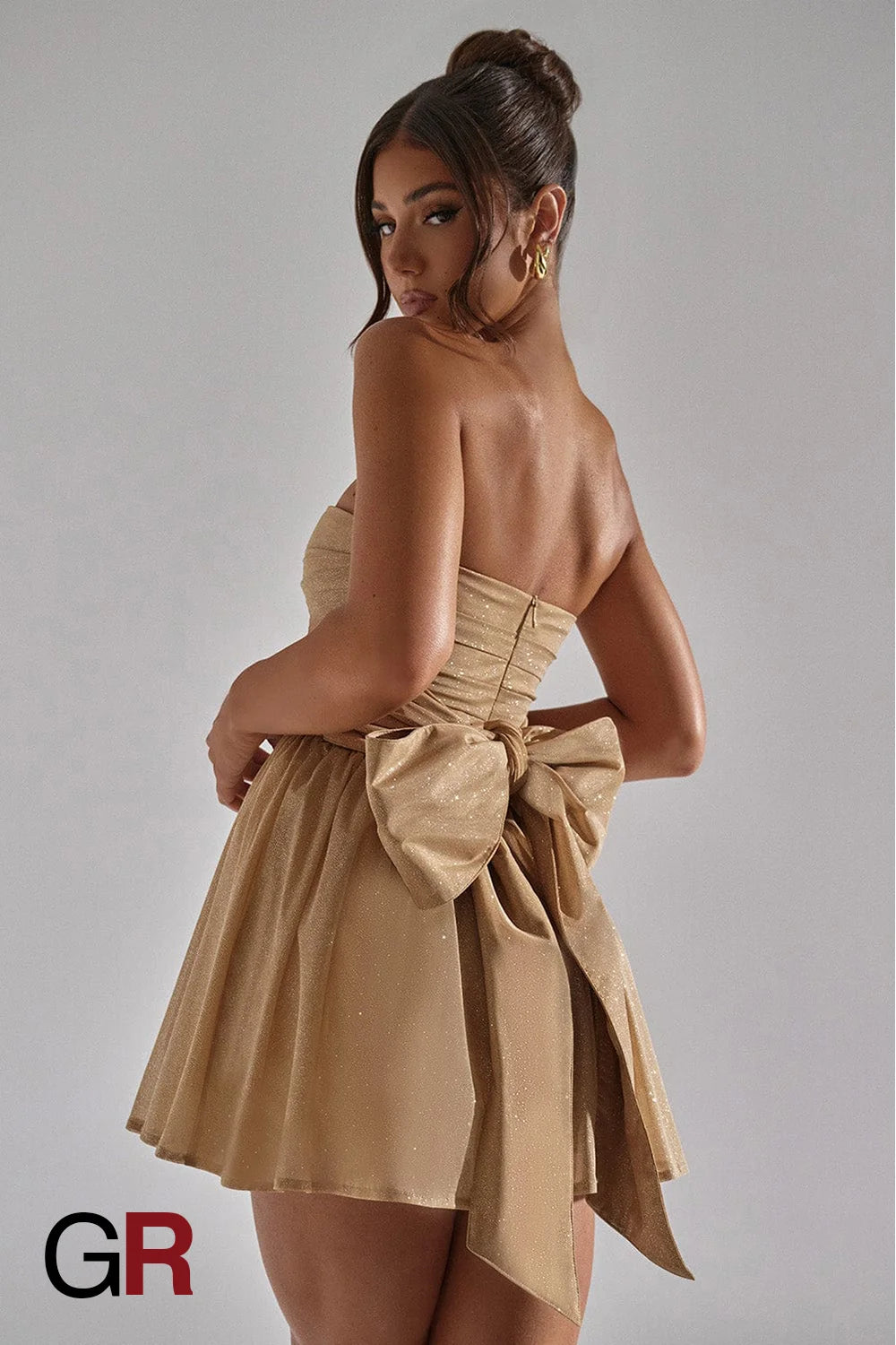 Beige Lace Tube Dress with Bow-Back Detail - GlamoROZ
