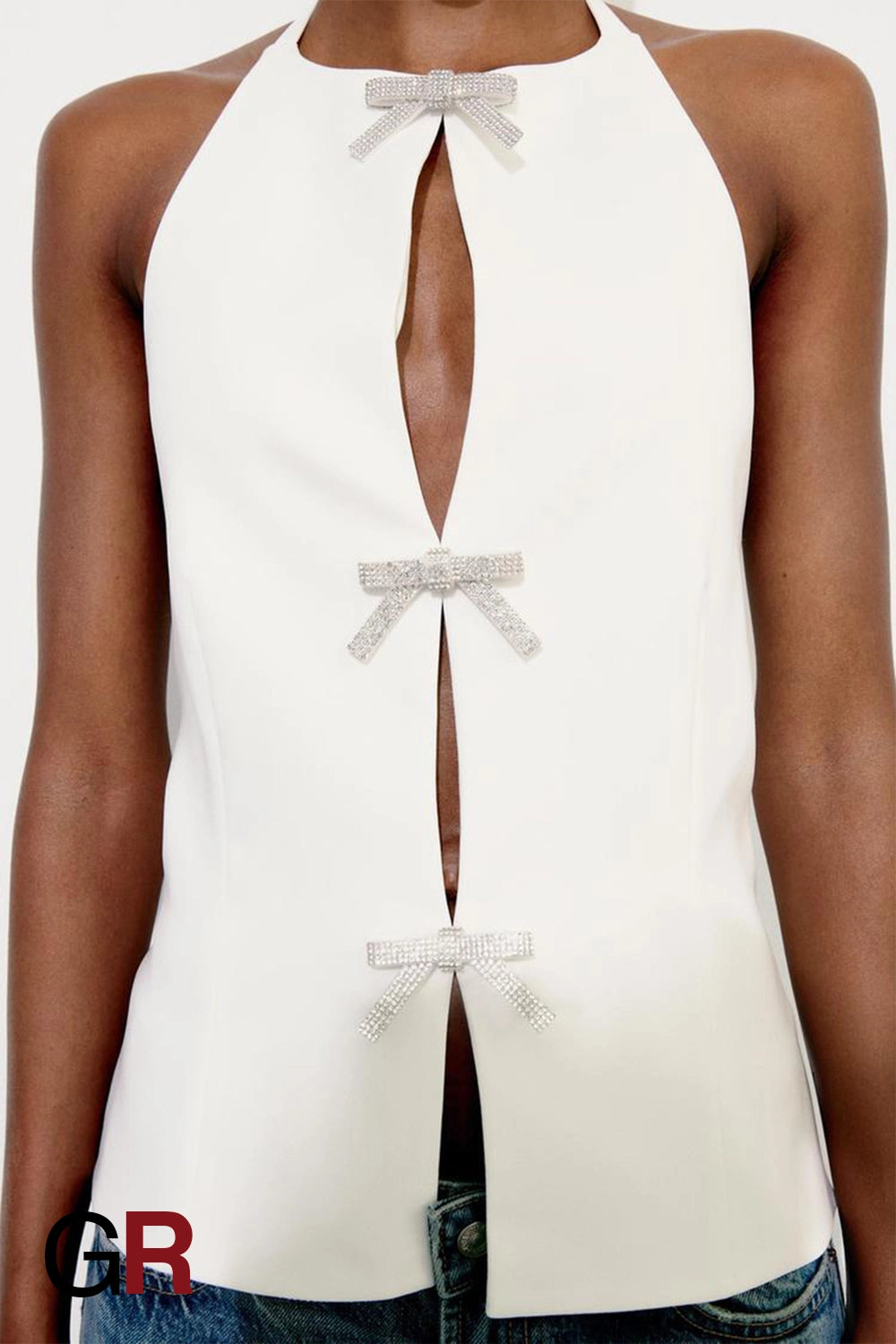 Bowknot Decoration Hanging Collar White Top - GlamoROZ
