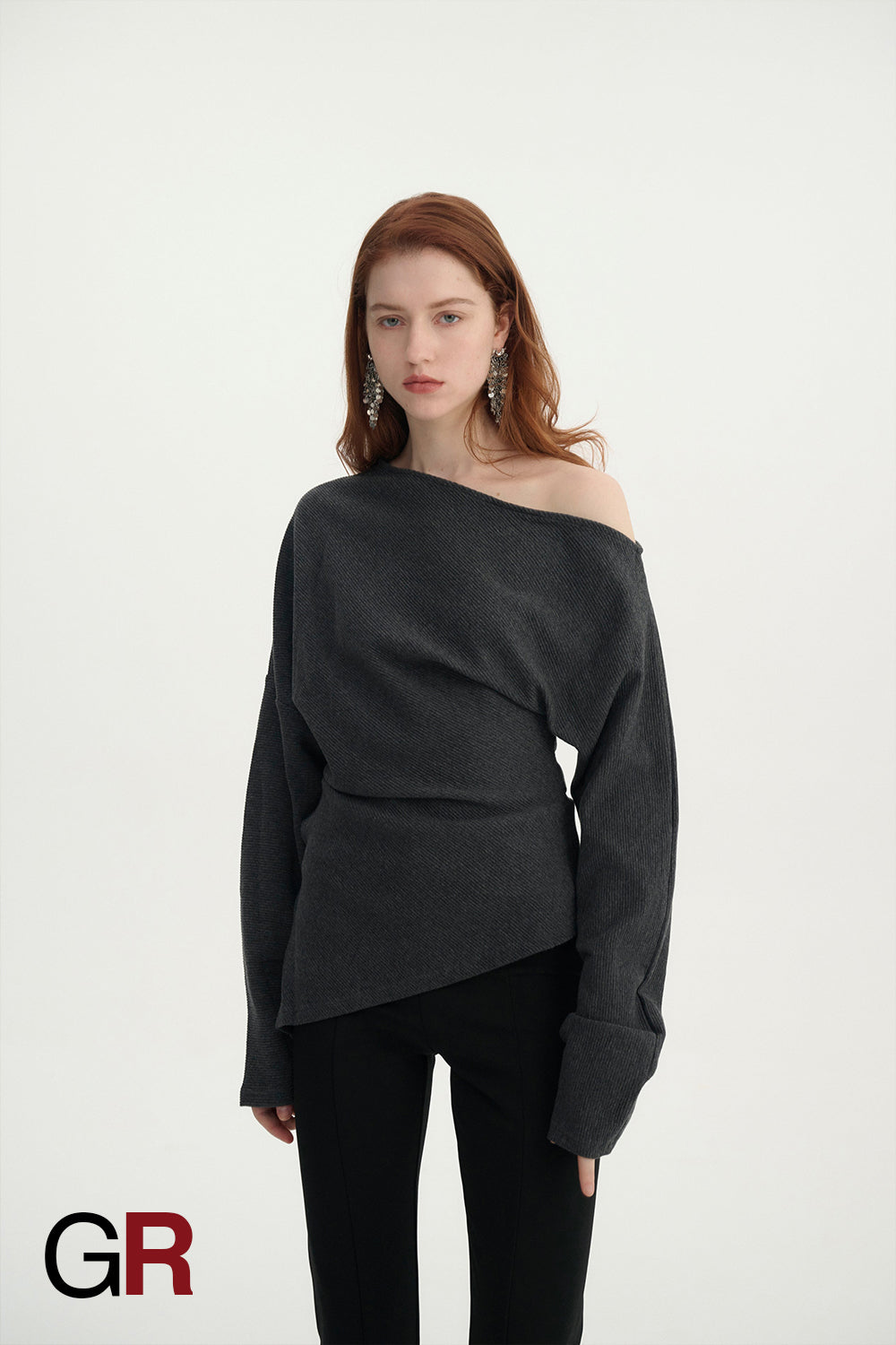 Velour Grace Slant Shoulder gray Lounge Top - GlamoROZ