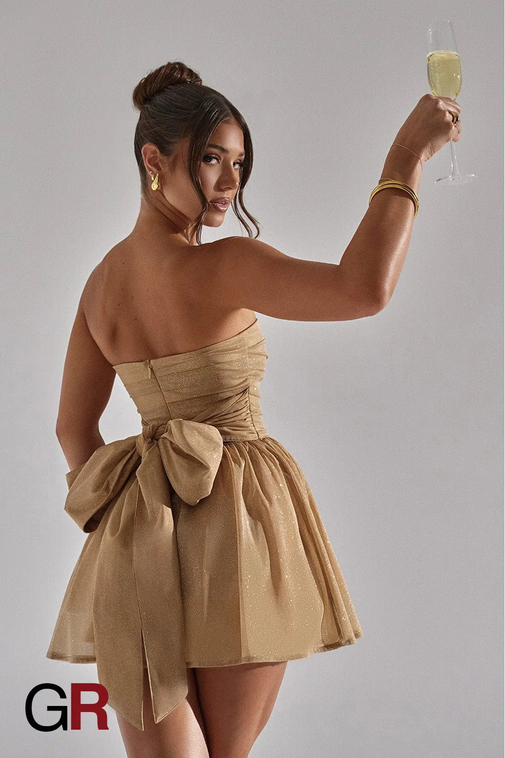 Beige Lace Tube Dress with Bow-Back Detail - GlamoROZ