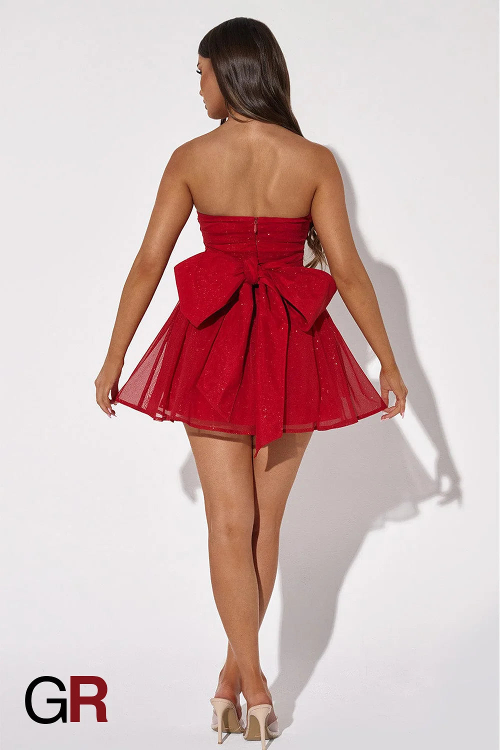Red Lace Tube Dress with Bow-Back Detail - GlamoROZ