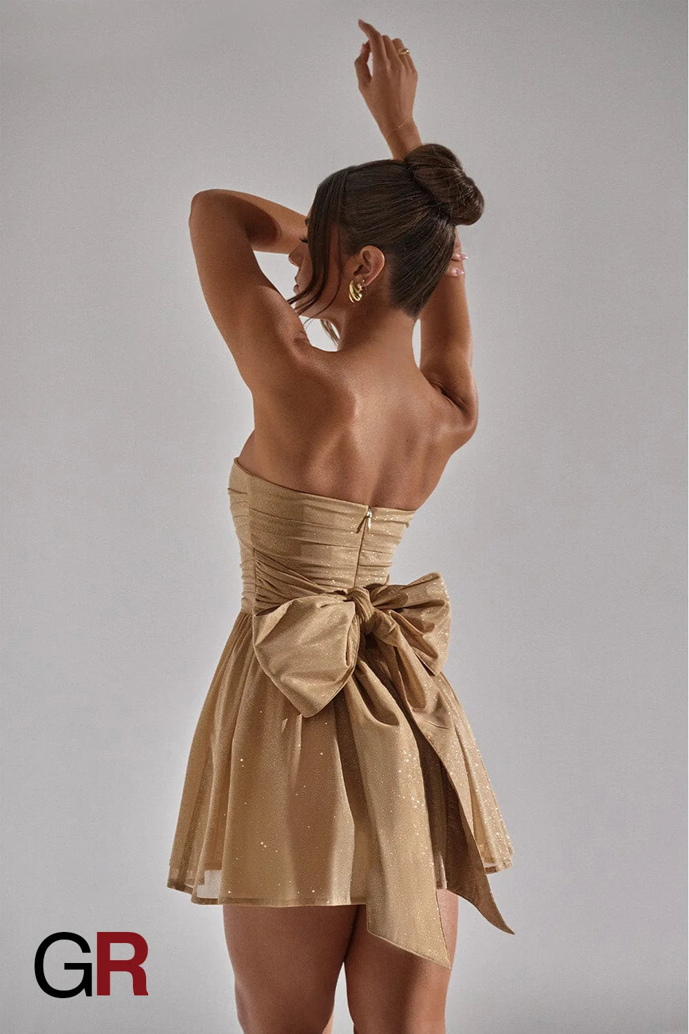 Beige Lace Tube Dress with Bow-Back Detail - GlamoROZ