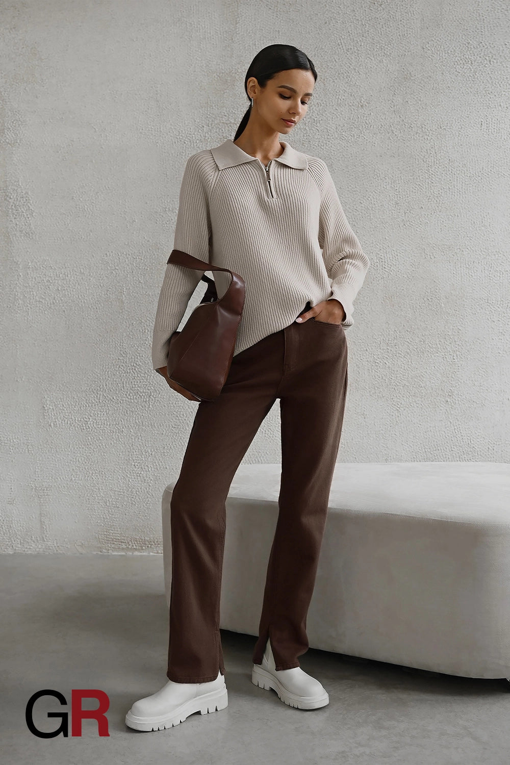 Timeless Polo Collar Knitted Beige Sweater - GlamoROZ