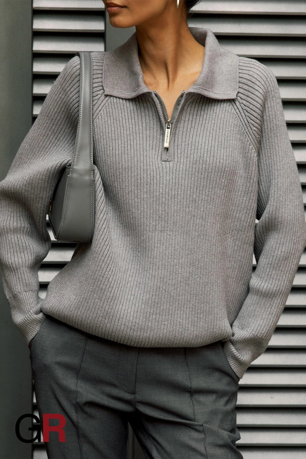 Timeless Polo Collar Knitted Grey Sweater - GlamoROZ