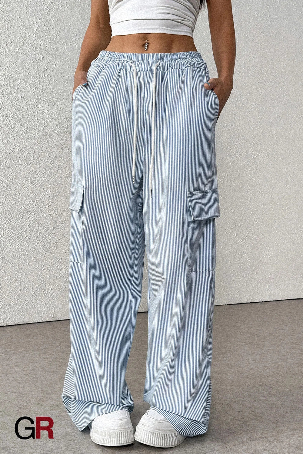 Women's Casual Elastic Striped Pocket Trousers