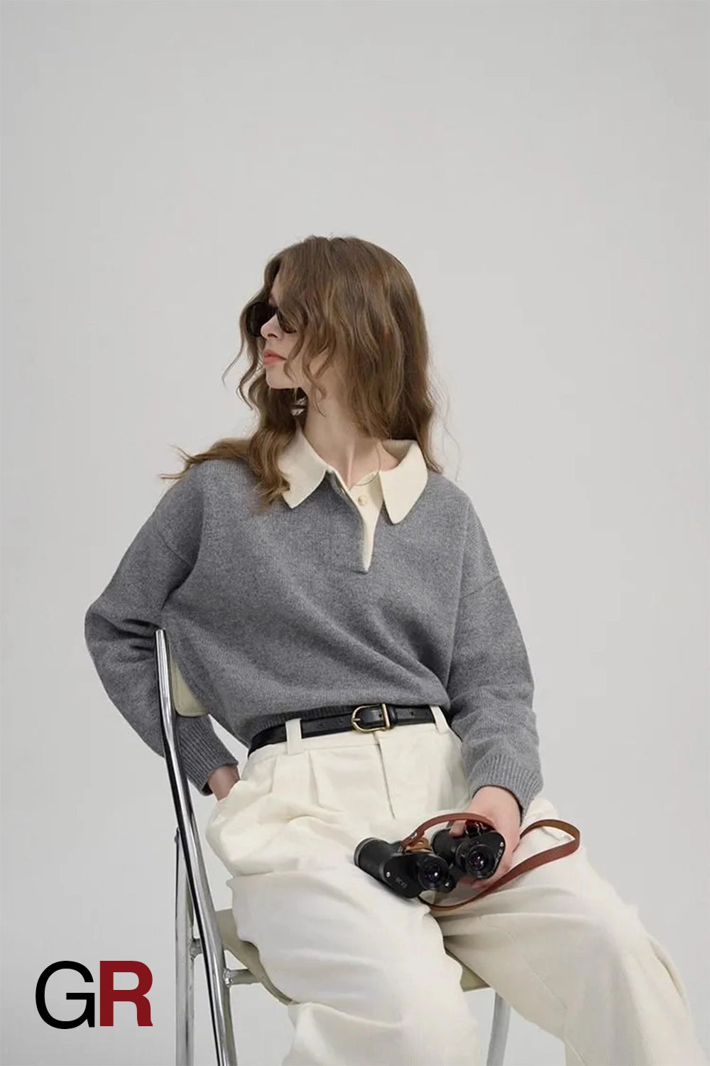Elegant Contrast Polo Collar Lapel Sweater - GlamoROZ