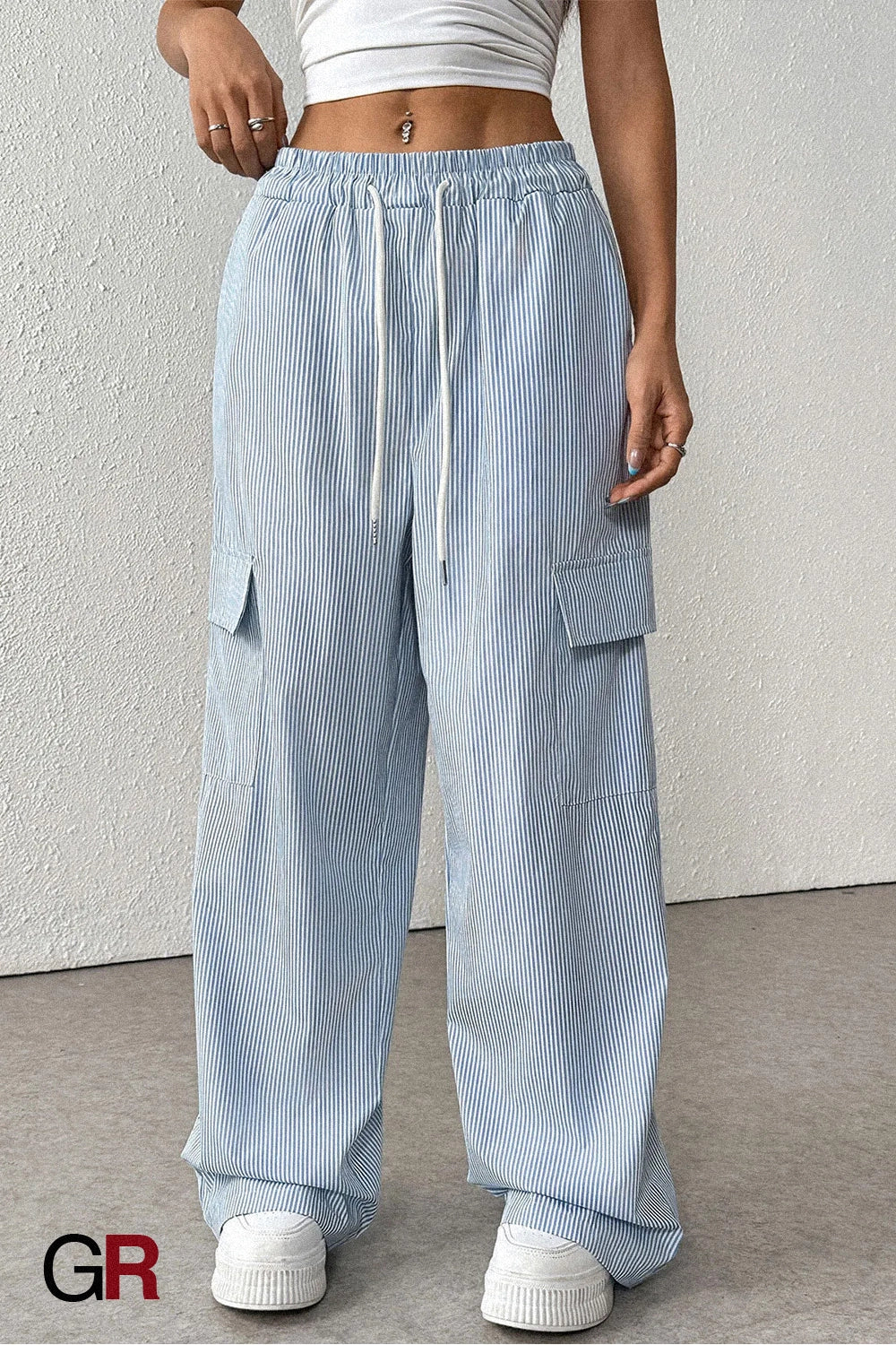 Women's Casual Elastic Striped Pocket Trousers