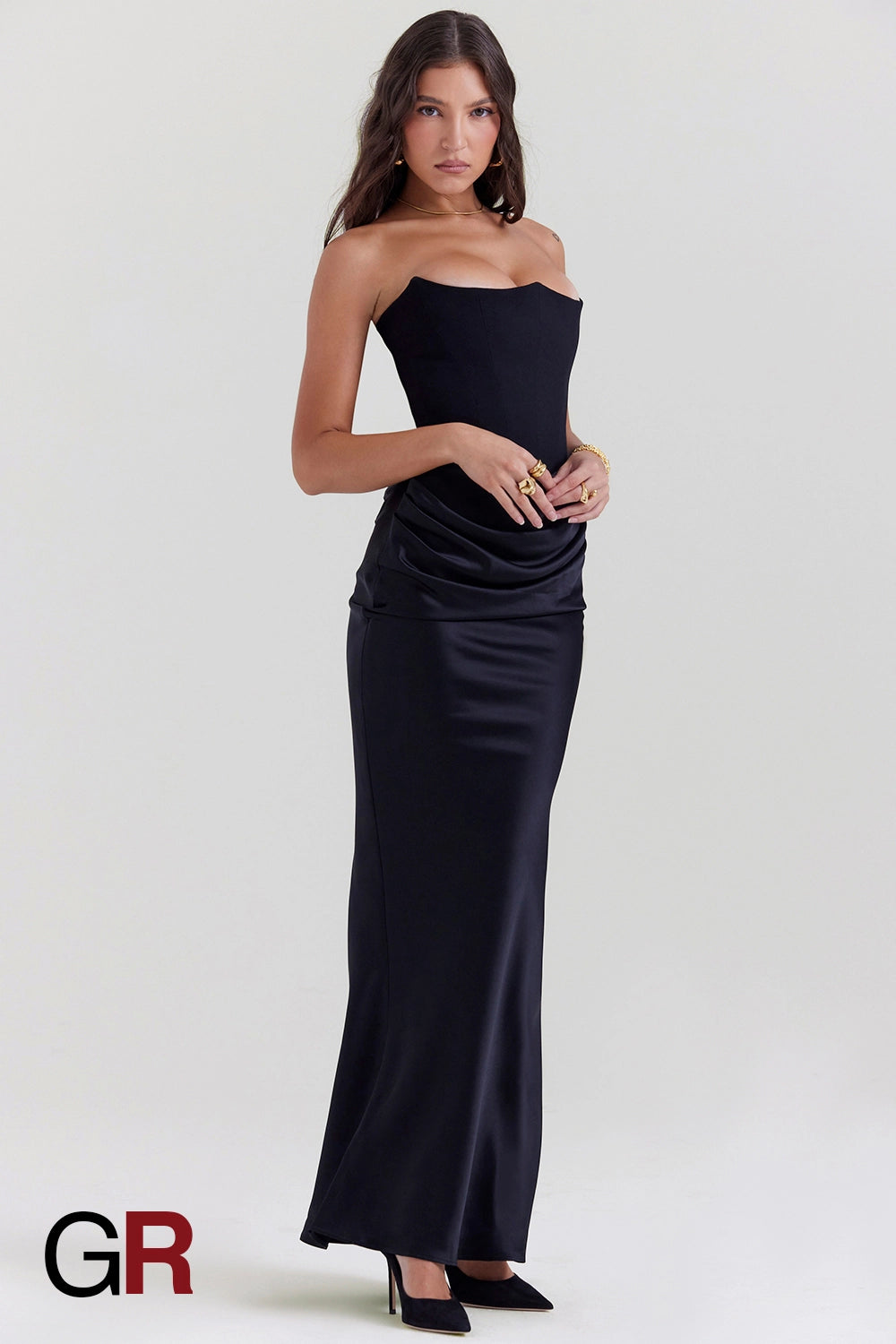 Fishbone Bandeau Backless Evening Black Gown - GlamoROZ