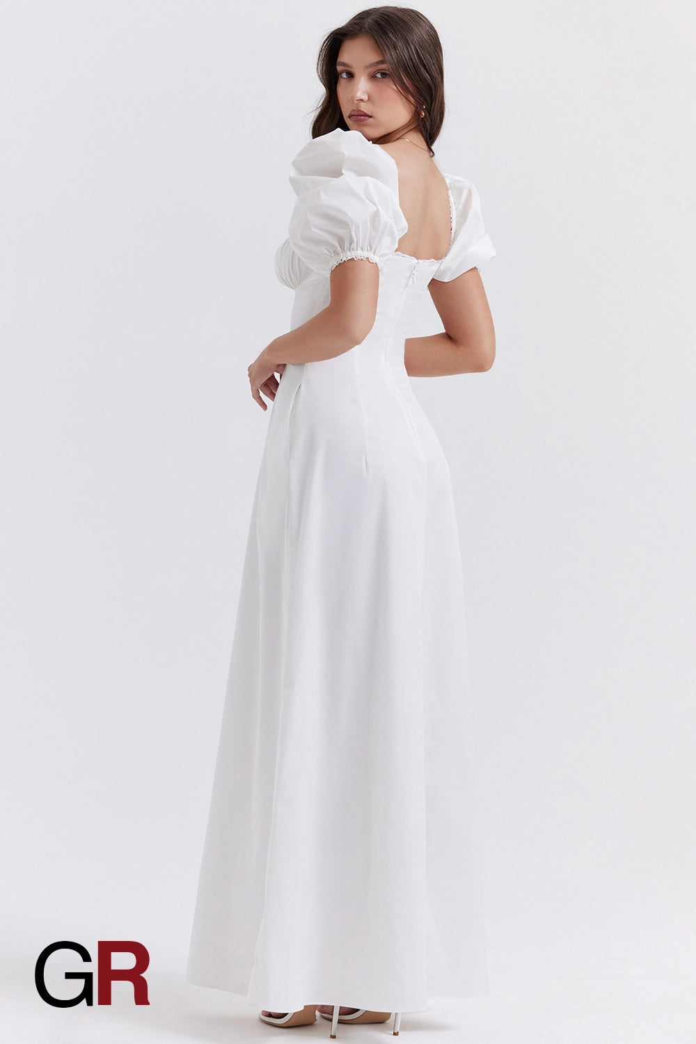 Printed Bubble Sleeve Zipper White Dress - GlamoROZ