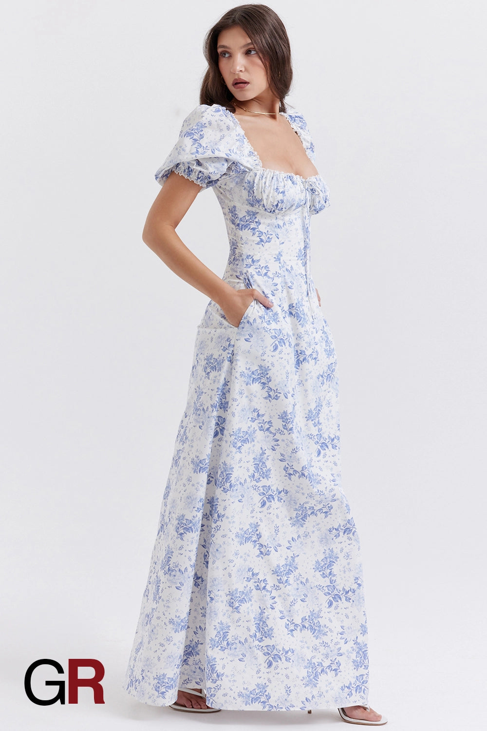 Printed Bubble Sleeve Zipper Blue Dress - GlamoROZ