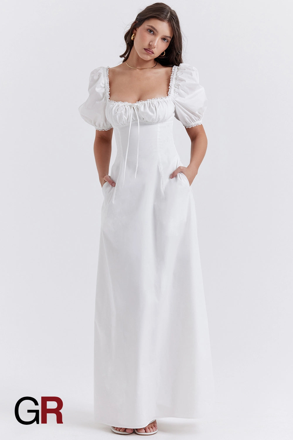 Printed Bubble Sleeve Zipper White Dress - GlamoROZ