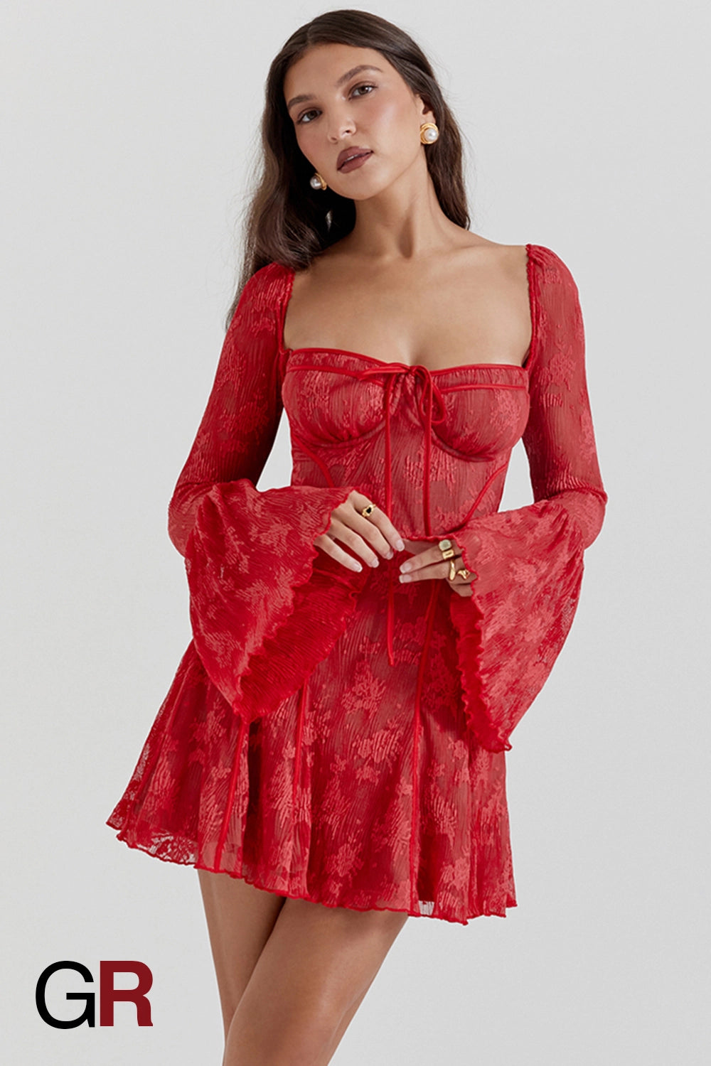 Lace Bell Sleeve Elegance Red Dress - GlamoROZ