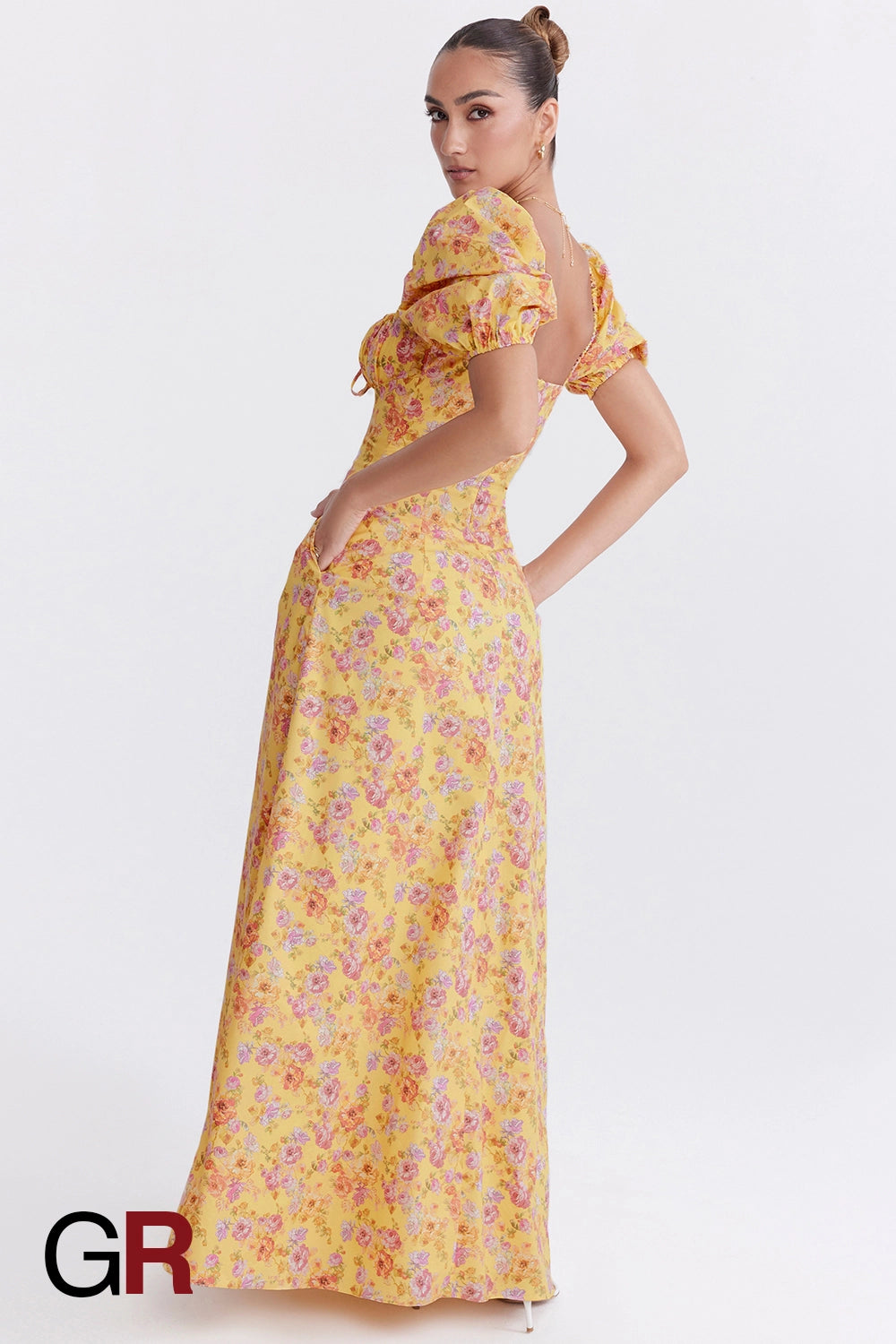 Printed Bubble Sleeve Zipper Yellow Dress - GlamoROZ
