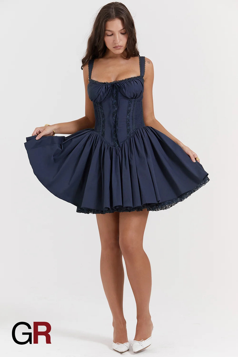 Lace-Up Pleated Blue Suspender Mini Dress - GlamoROZ