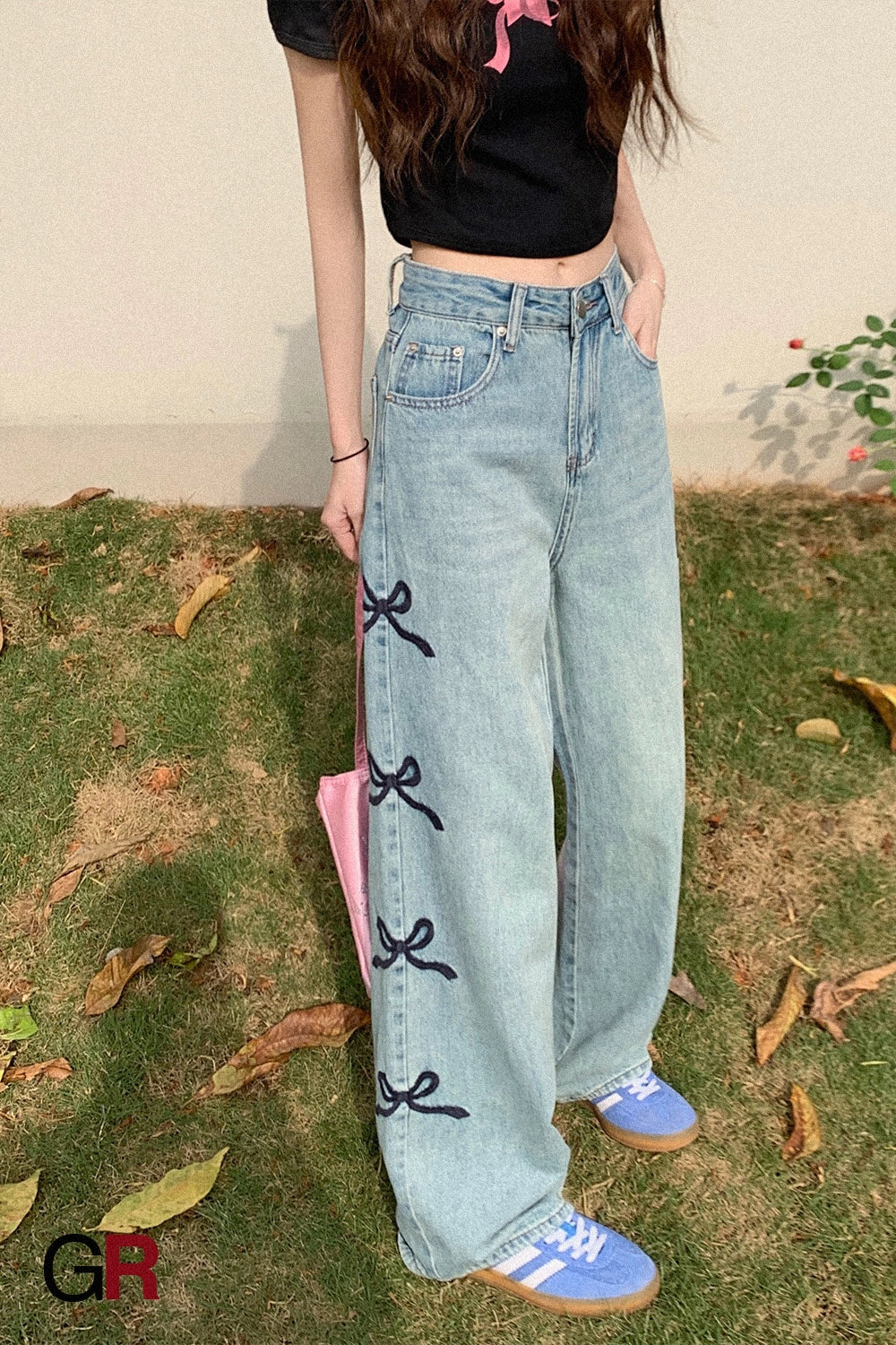 Butterfly Embroidered Jeans Wide-leg Pants For Women