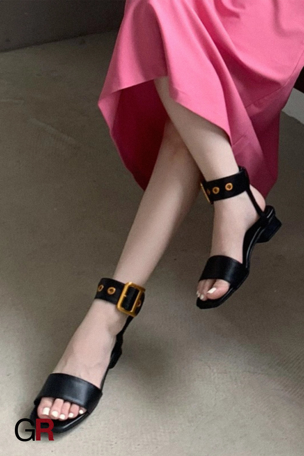 Chunky Heel Open Toe Leather Belt Big Gold Buckle Sandals