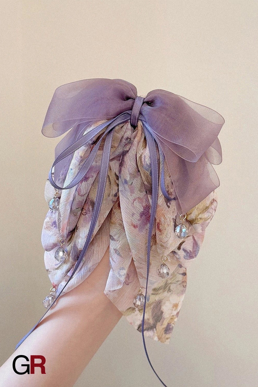 Purple Mesh Chiffon Floral Grip Half Tie