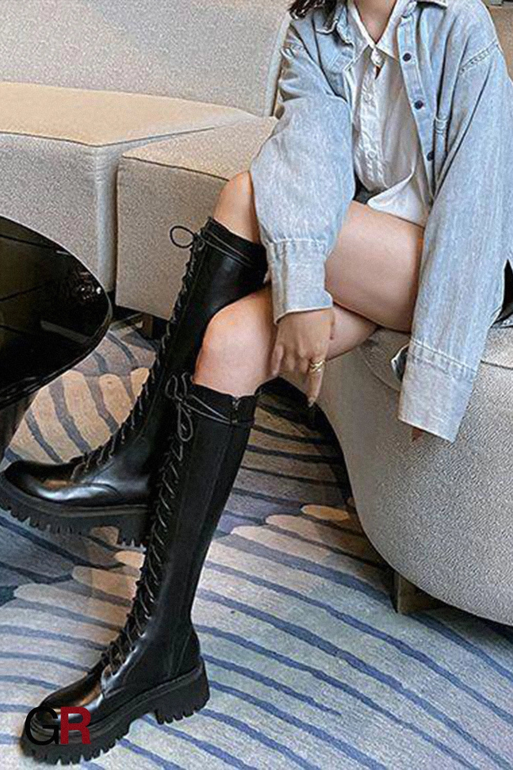 Women's Black Below The Knee Thickened Martin Boots