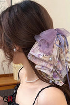 Purple Mesh Chiffon Floral Grip Half Tie