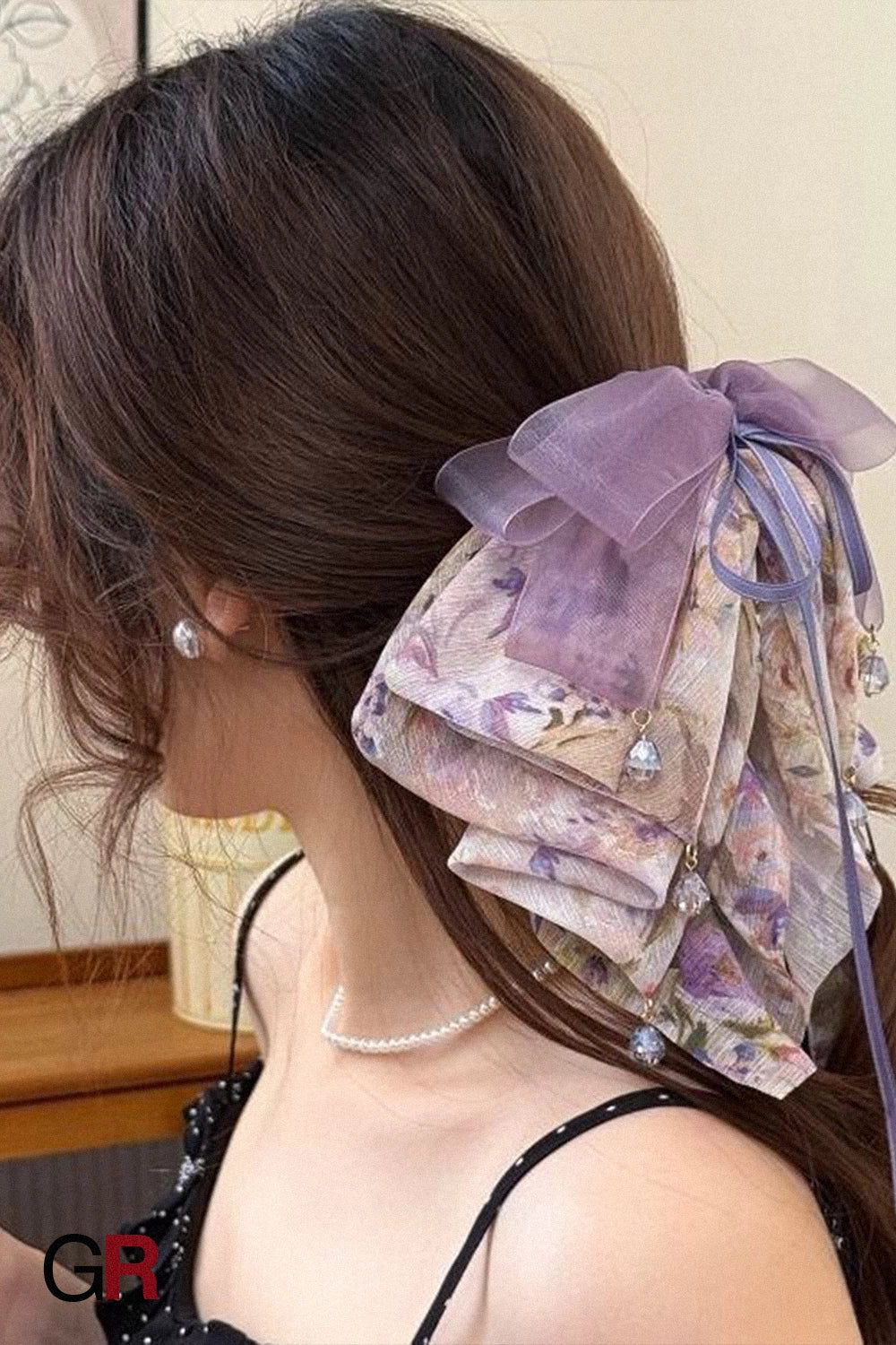Purple Mesh Chiffon Floral Grip Half Tie
