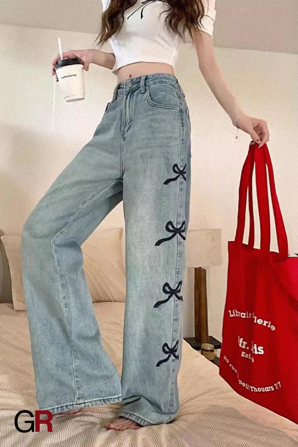 Butterfly Embroidered Jeans Wide-leg Pants For Women