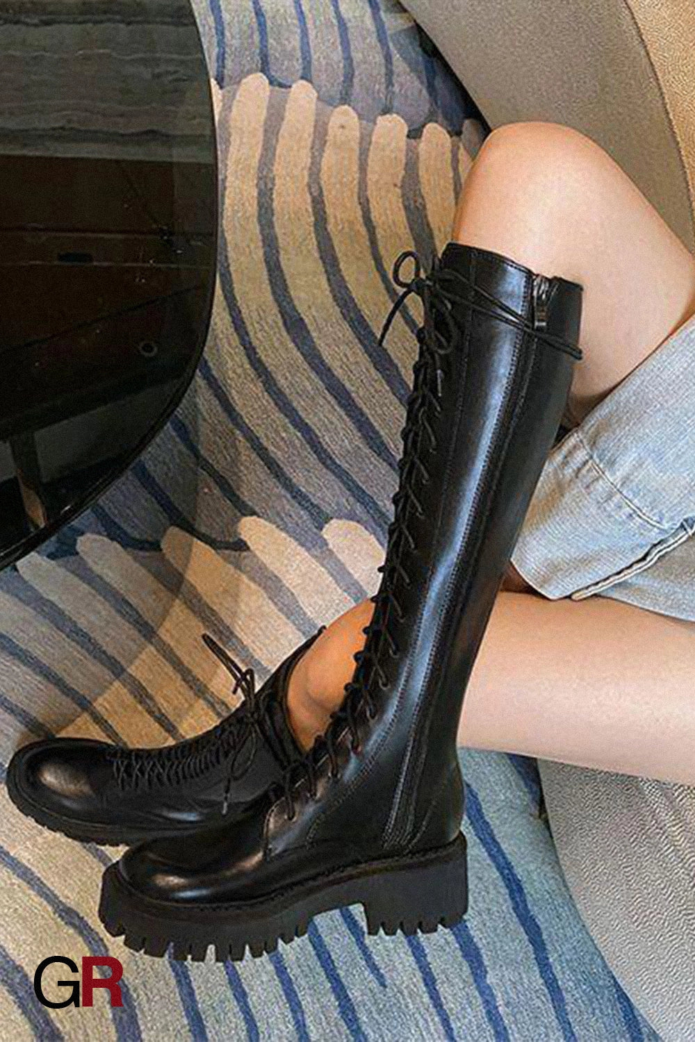 Women's Black Below The Knee Thickened Martin Boots