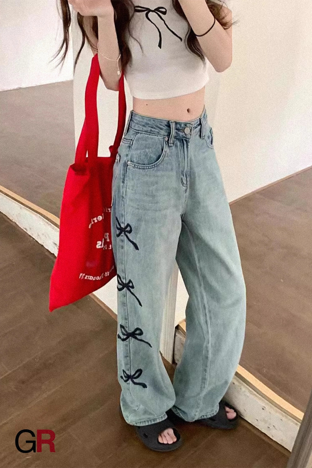 Butterfly Embroidered Jeans Wide-leg Pants For Women