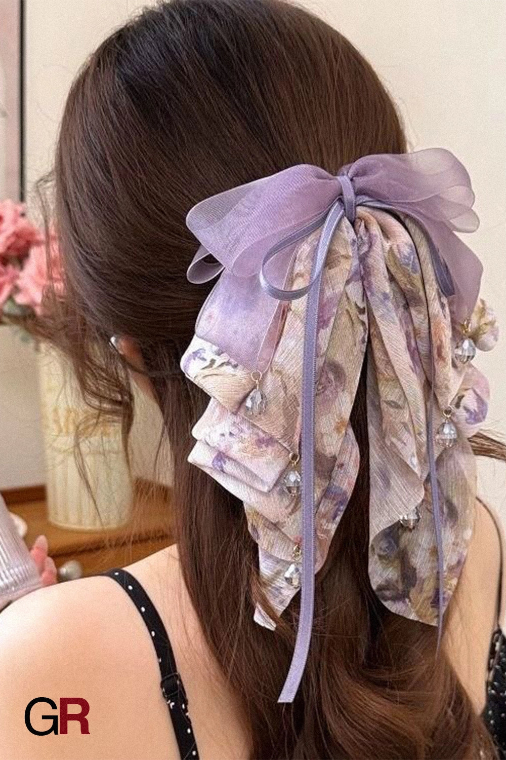Purple Mesh Chiffon Floral Grip Half Tie