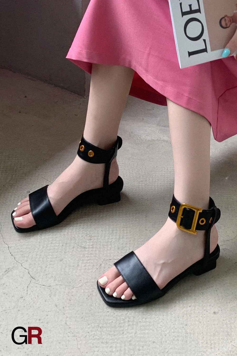 Chunky Heel Open Toe Leather Belt Big Gold Buckle Sandals