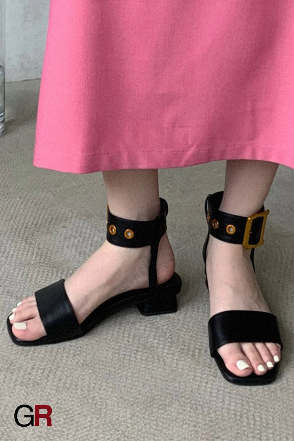 Chunky Heel Open Toe Leather Belt Big Gold Buckle Sandals