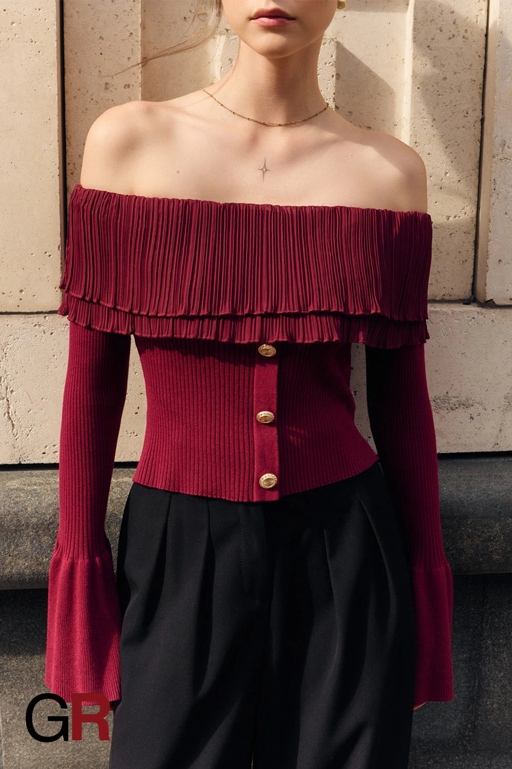 Opulent Red Off-Shoulder Knitwear - GlamoROZ