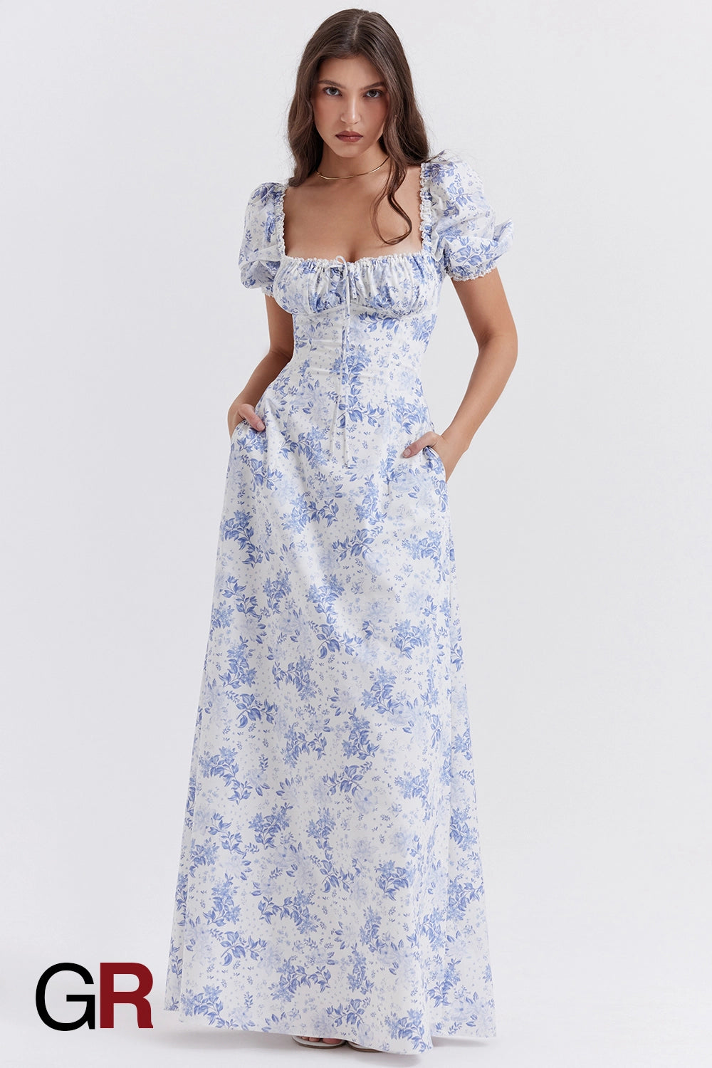 Printed Bubble Sleeve Zipper Blue Dress - GlamoROZ