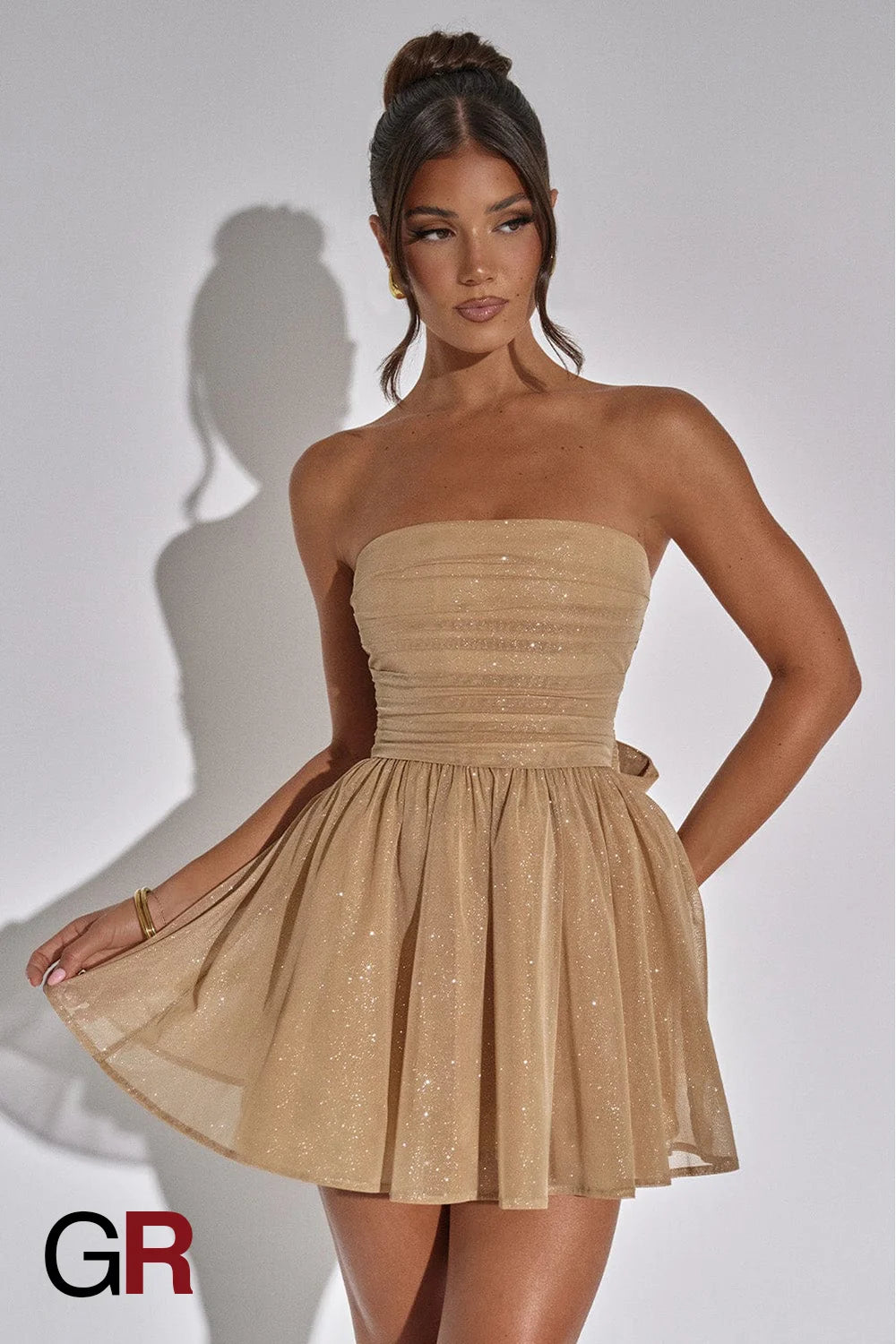 Beige Lace Tube Dress with Bow-Back Detail - GlamoROZ