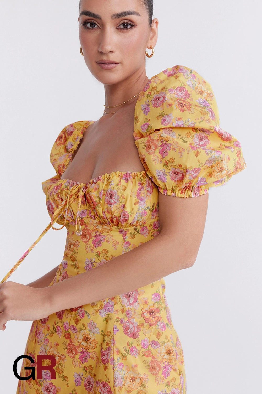 Printed Bubble Sleeve Zipper Yellow Dress - GlamoROZ