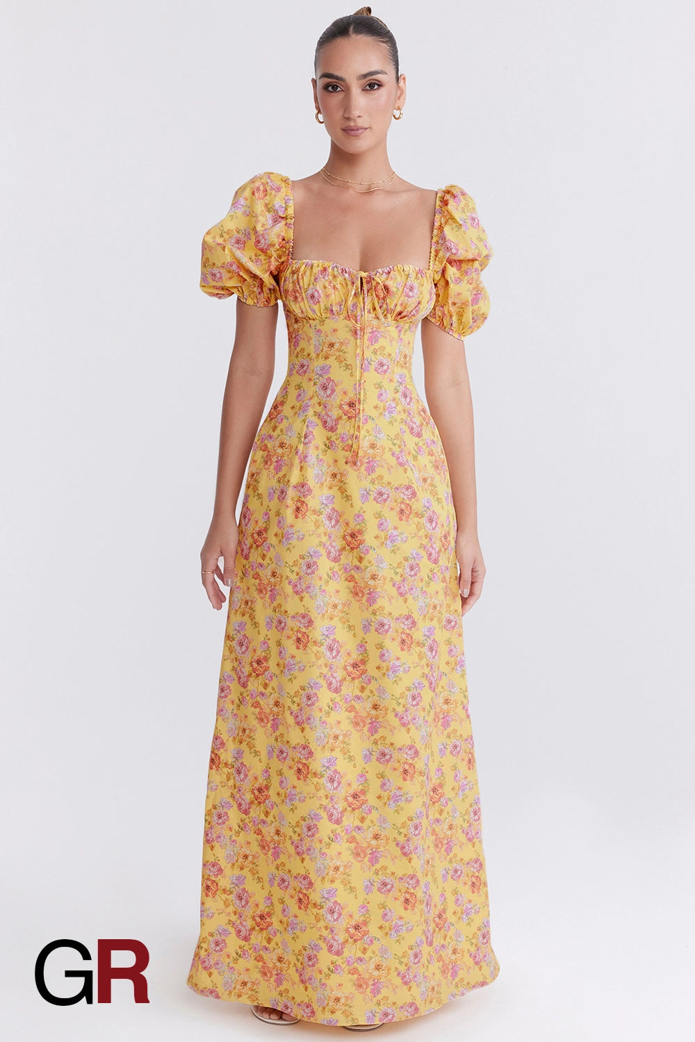 Printed Bubble Sleeve Zipper Yellow Dress - GlamoROZ