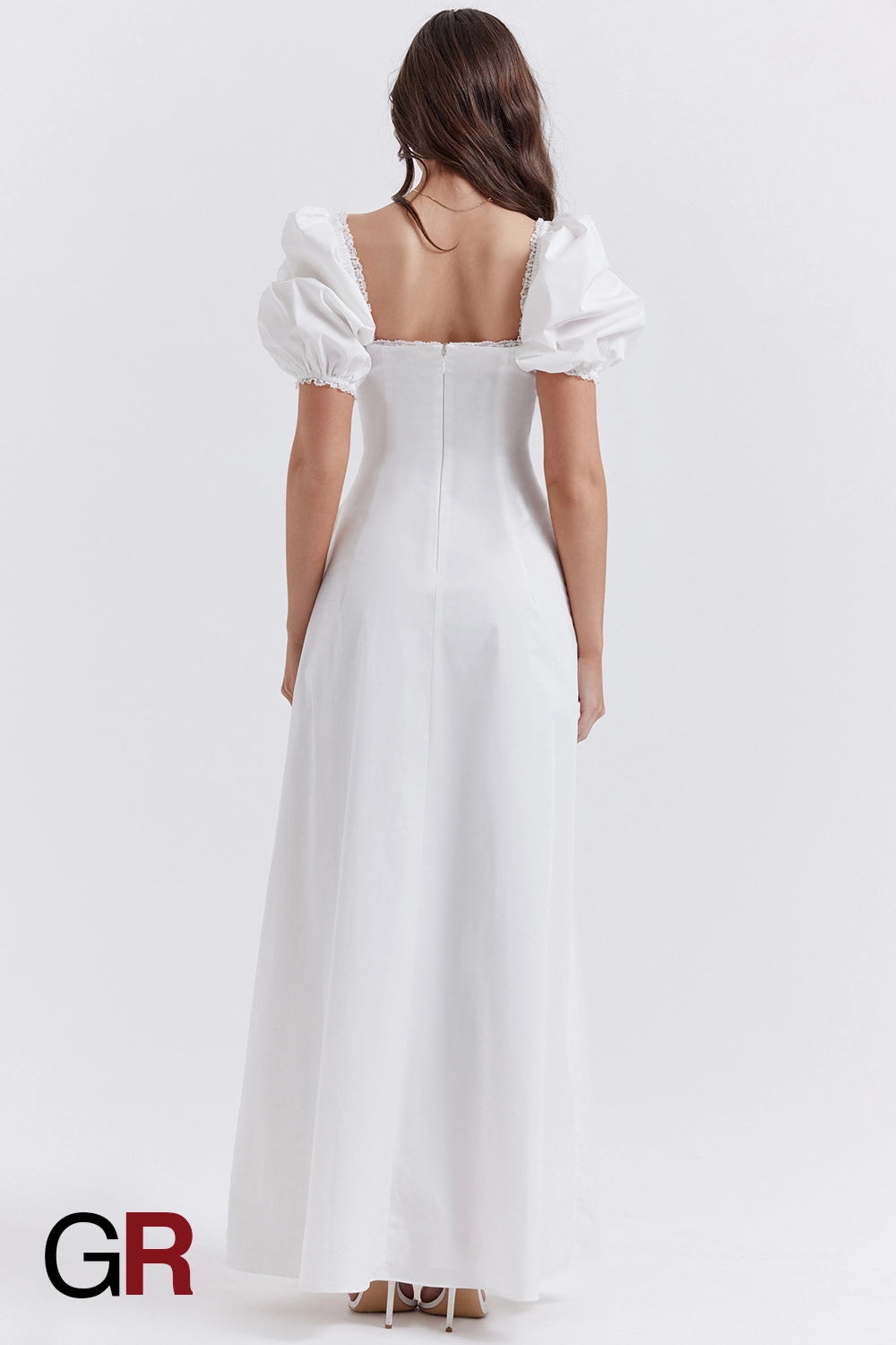 Printed Bubble Sleeve Zipper White Dress - GlamoROZ