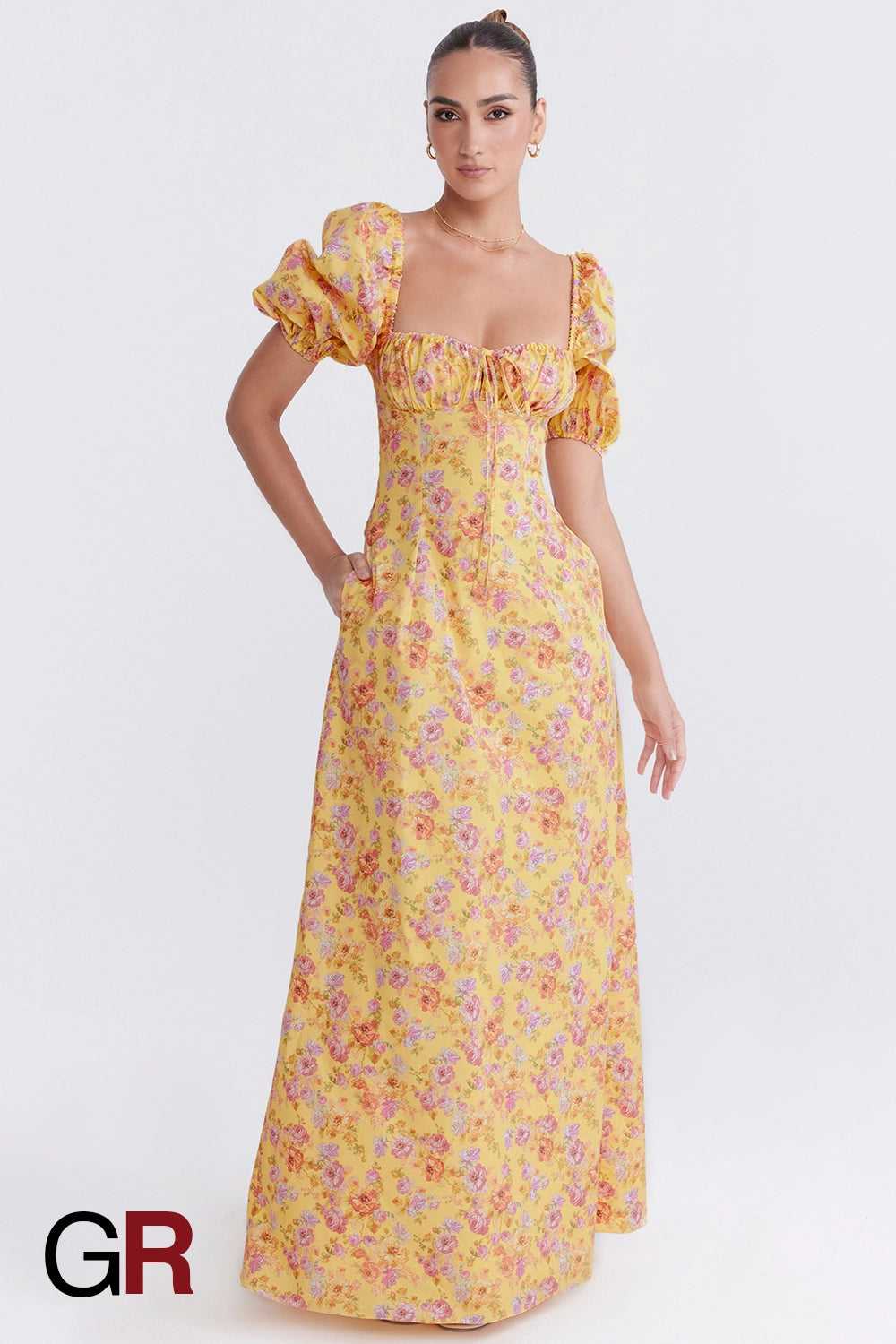 Printed Bubble Sleeve Zipper Yellow Dress - GlamoROZ