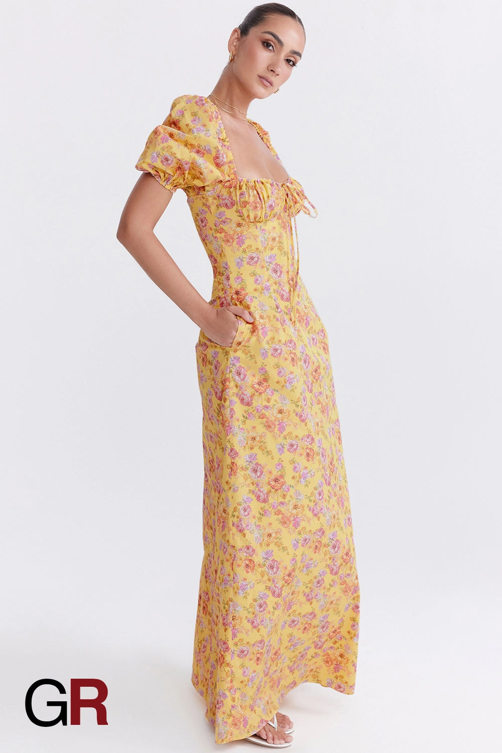 Printed Bubble Sleeve Zipper Yellow Dress - GlamoROZ