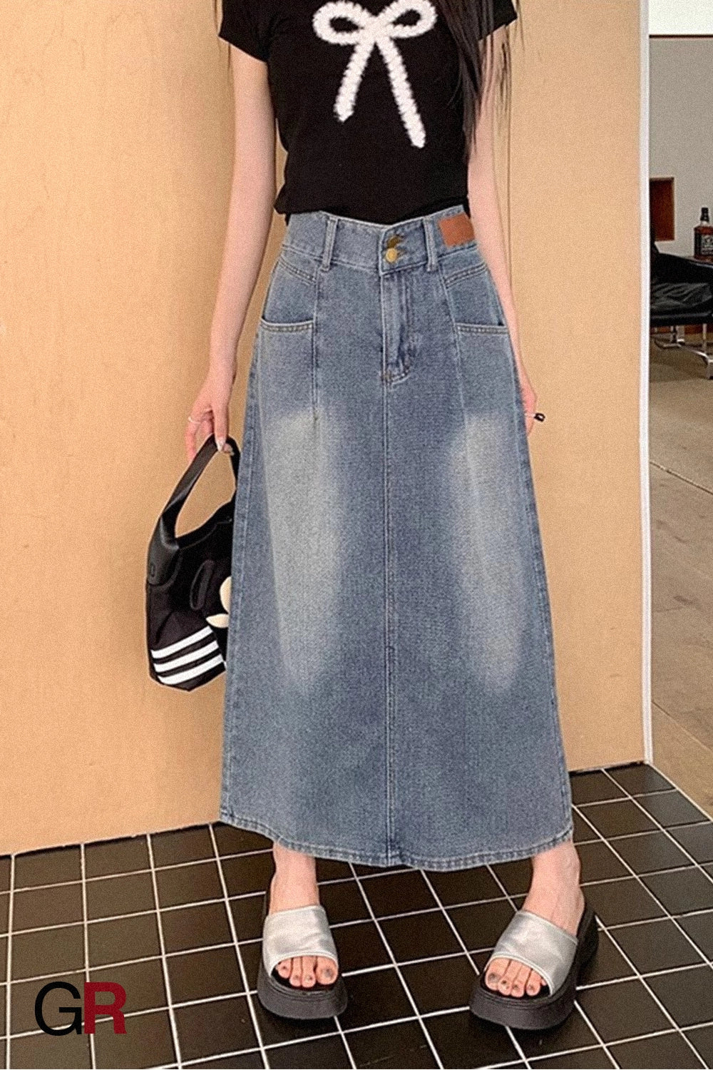 Retro Denim Skirt For Women Summer High Waist Back Slit Medium Long Slim A-line Skirt