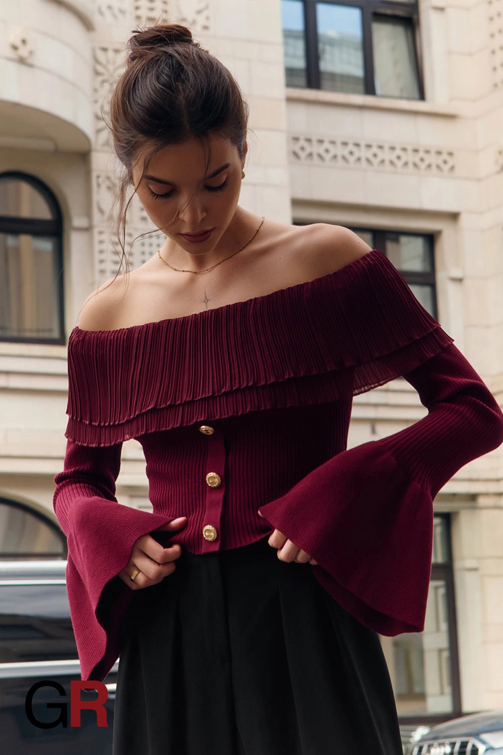Opulent Red Off-Shoulder Knitwear - GlamoROZ