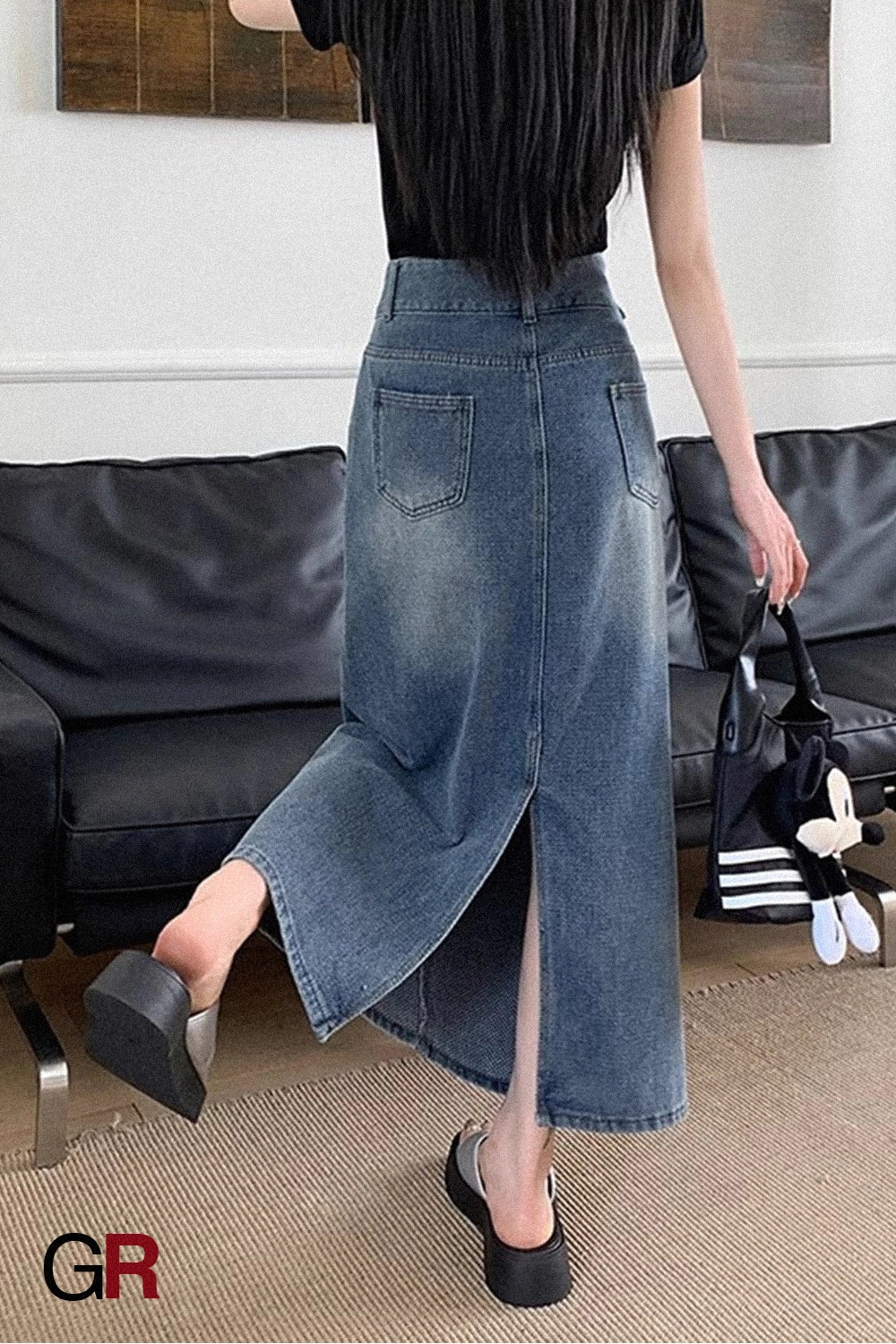 Retro Denim Skirt For Women Summer High Waist Back Slit Medium Long Slim A-line Skirt
