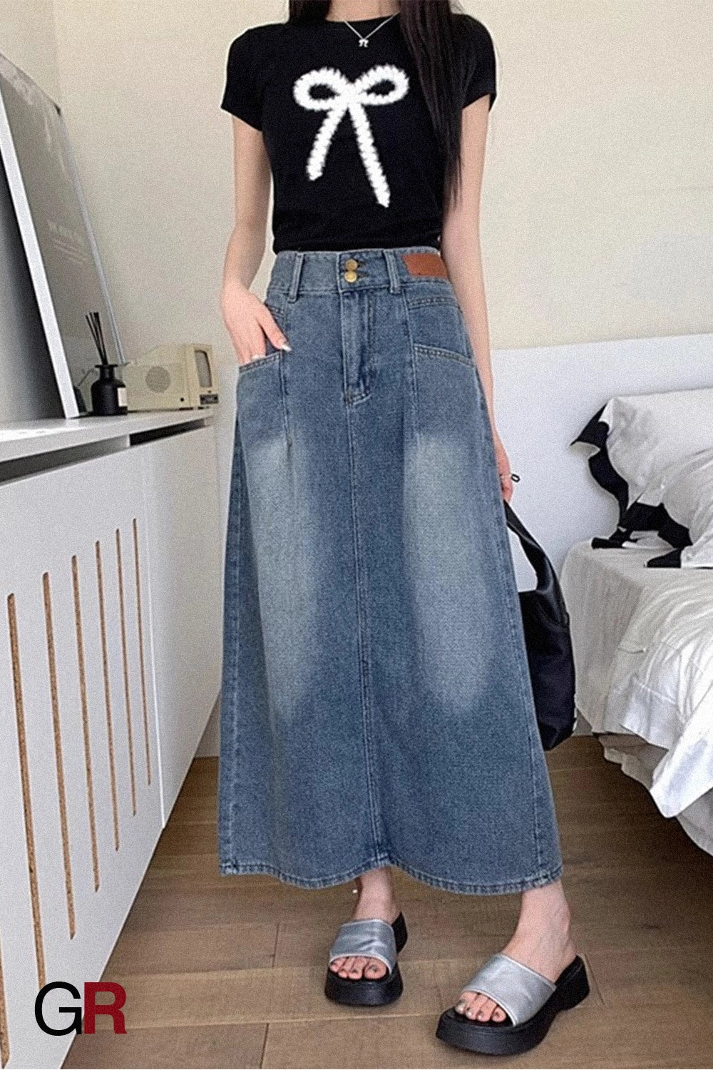 Retro Denim Skirt For Women Summer High Waist Back Slit Medium Long Slim A-line Skirt