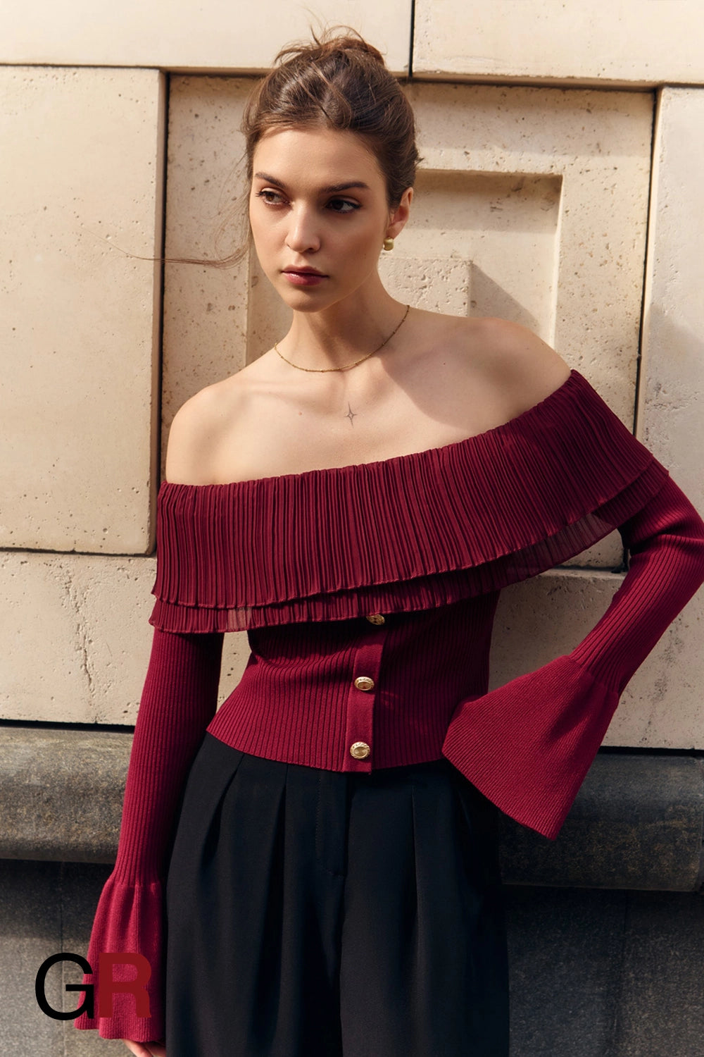 Opulent Red Off-Shoulder Knitwear - GlamoROZ
