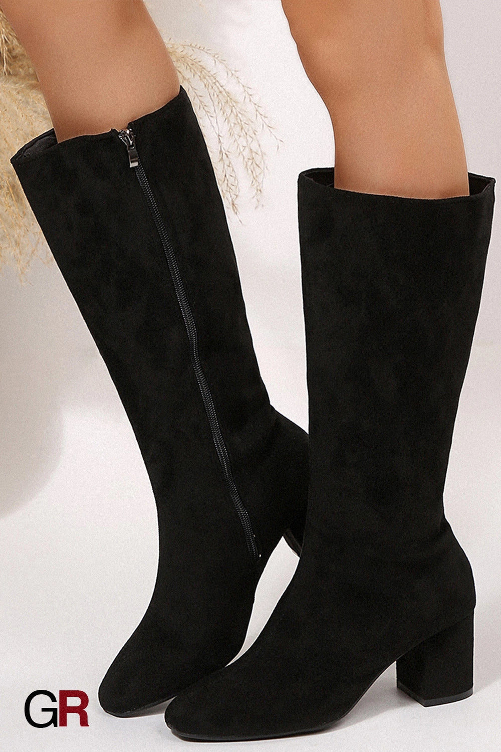Wide Pointed Toe Chunky Heel Below The Knee Long Boots